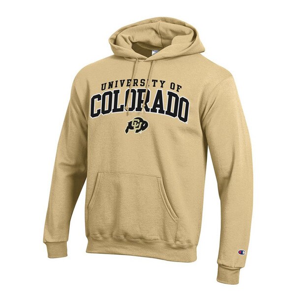 A Vegas Gold hoodie featuring University of Colorado lettering and a CU Buffalo logo with a drawstring hood and a large kanga pocket.